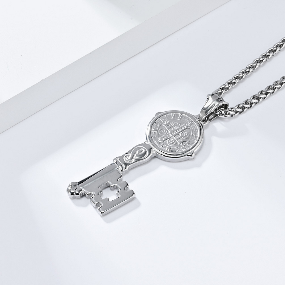Stainless Steel St. Benedict Key Pendant Necklace for Men K-PT537