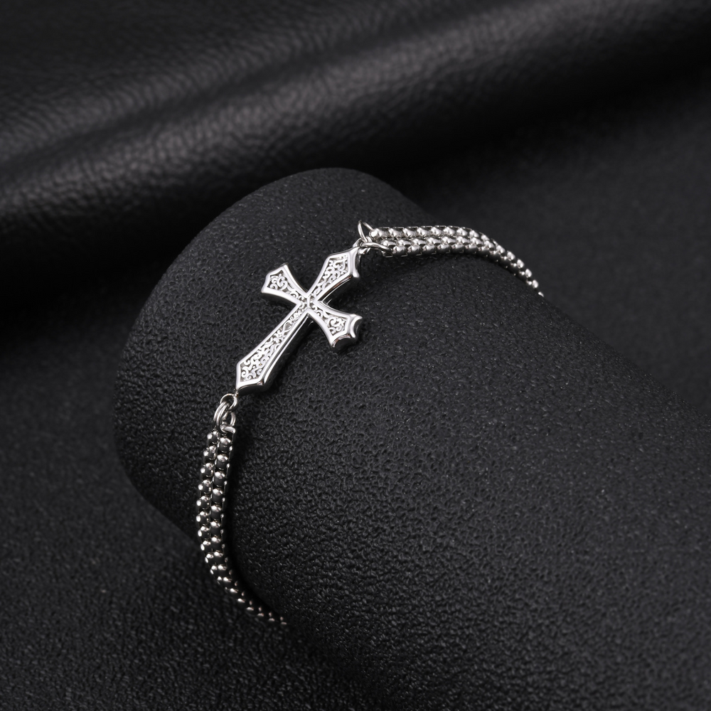 Dual Chain Cross Bracelet for Men Stainless Steel Minimal Hip Hop Layered Wristwear BR3122