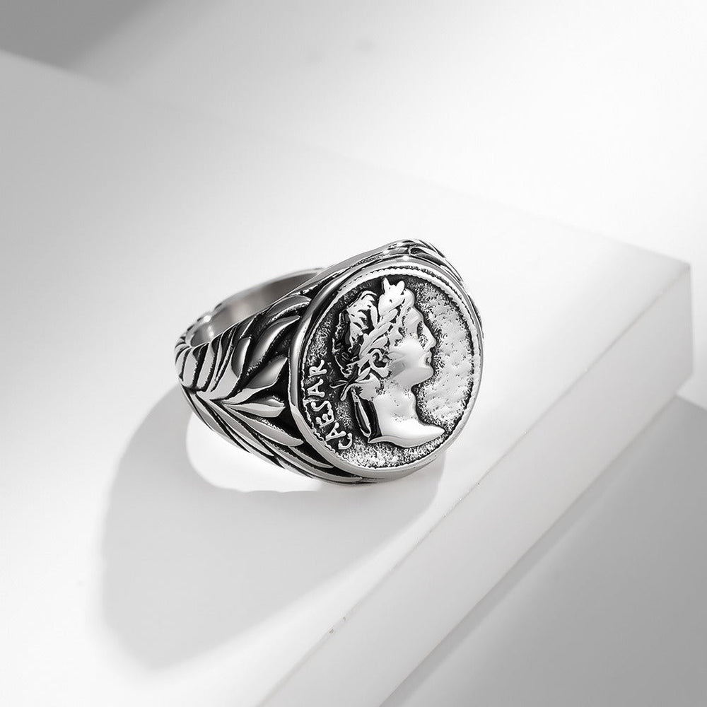 Stainless Steel Caesar Coin Ring for Men – Vintage Design K-R523