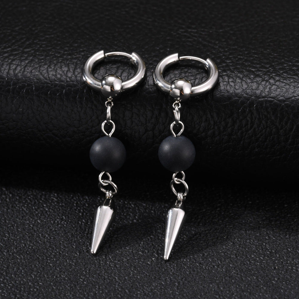 Stainless Steel Spike Drop Earrings for Men Black Agate Bead Pin Detail Punk Style ED-1075