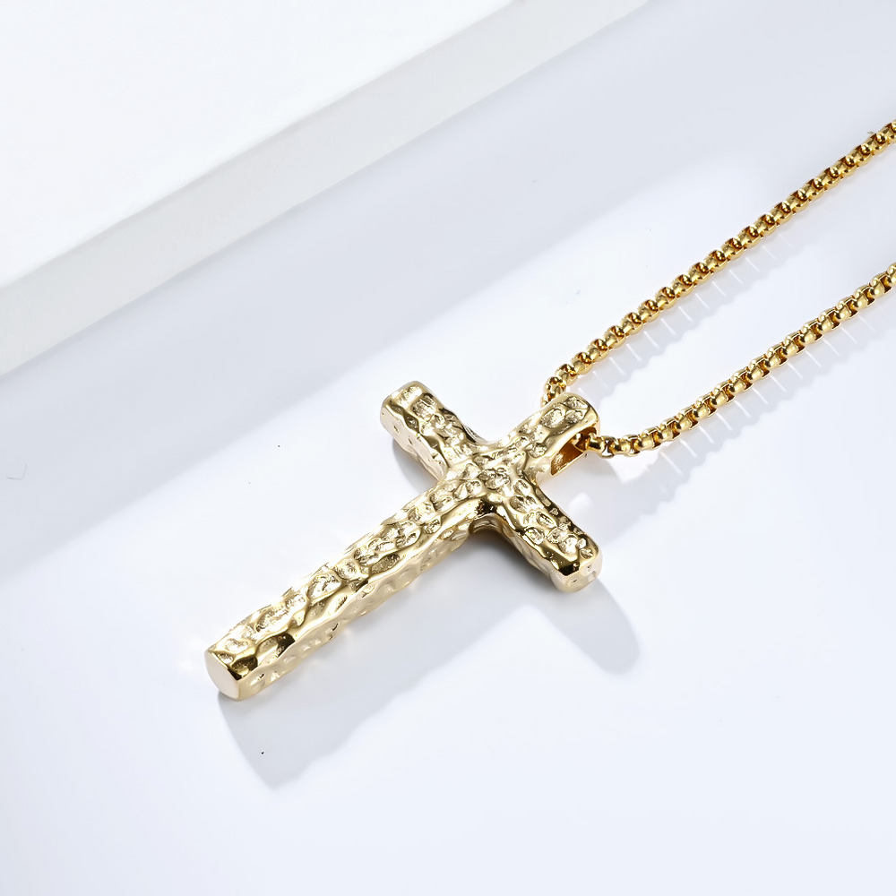 Stainless Steel Cross Pendant Necklace for Men Hammered Textured Vintage K-PT504
