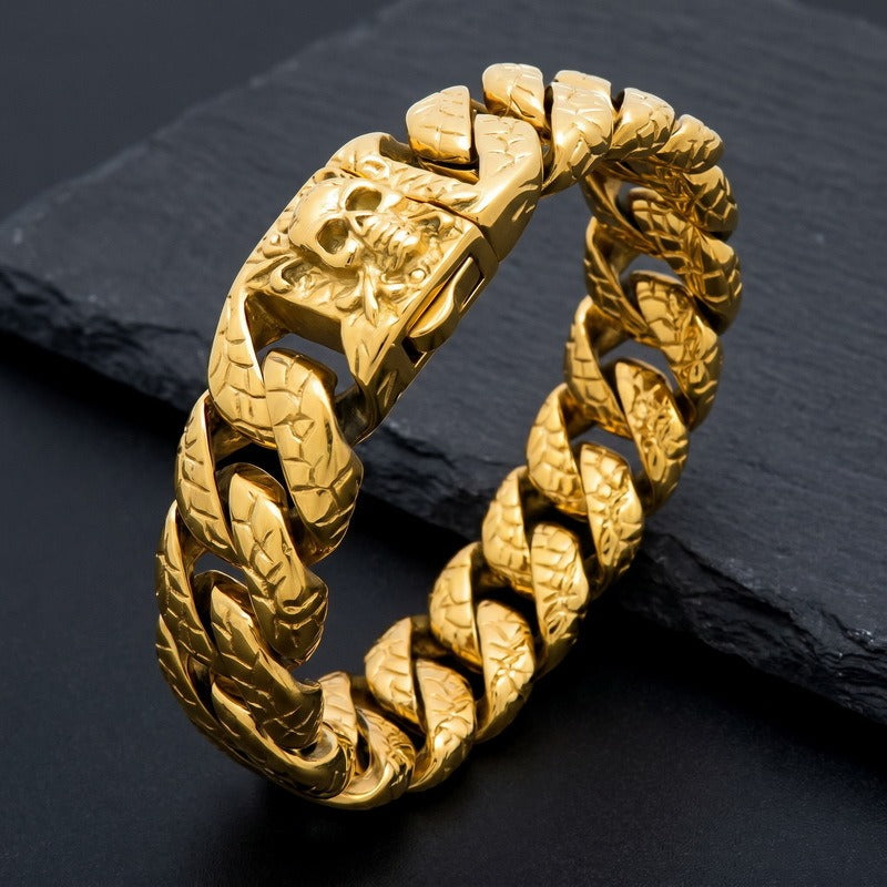 Skull Clasp Cuban Link Bracelet for Men Titanium Steel Engraved KP118342-KJX