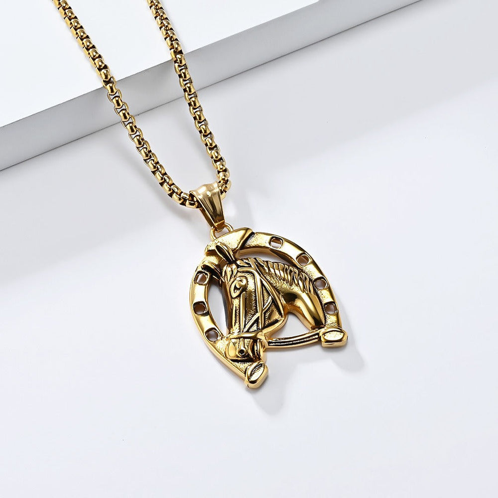 Men’s Stainless Steel Horse Head Horseshoe Necklace – Gold/Silver K-PT606