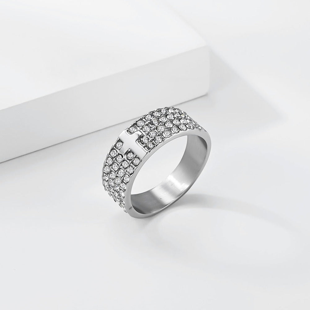 Iced Out Cross Ring for Men Stainless Steel Wide Band Hip Hop K-R1217