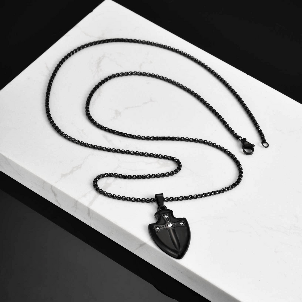 Stainless Steel Shield Pendant Necklace for Men Cubic Zirconia Sword Design PN-2177