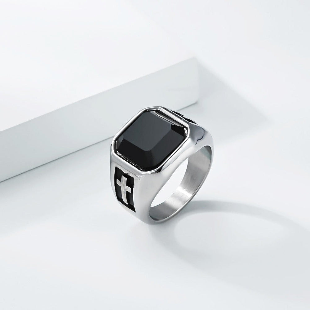Stainless Steel Black Resin Cross Signet Ring for Men K-R1121