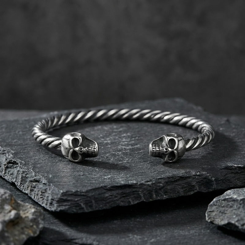 Stainless Steel Viking Wolf Skull Cuff Bracelet for Men Twisted Rope Open Bangle KB96851-BD