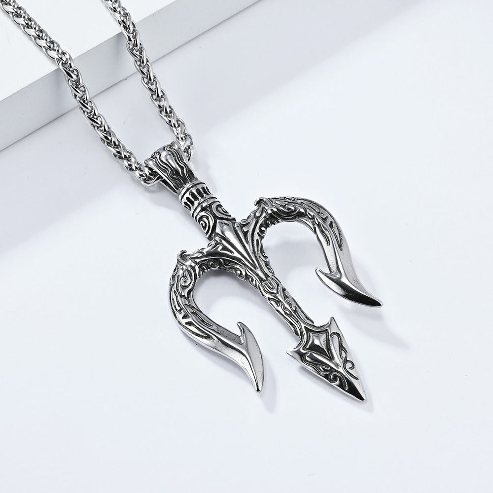 Men’s Titanium Steel Poseidon Trident Pendant Necklace – Mythology Style K-PT552