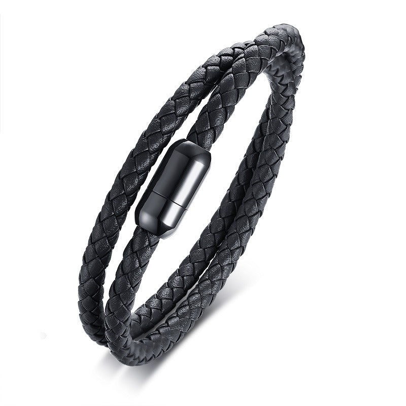 Black Leather & Stainless Steel Magnetic Bracelet – Dual-Layer Cuff for Men BL446