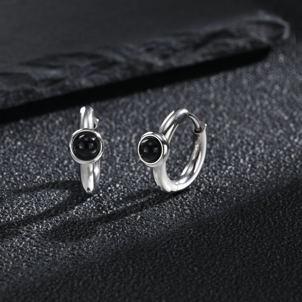 Black Agate Hoop Earring for Men Stainless Steel Minimalist EH-897