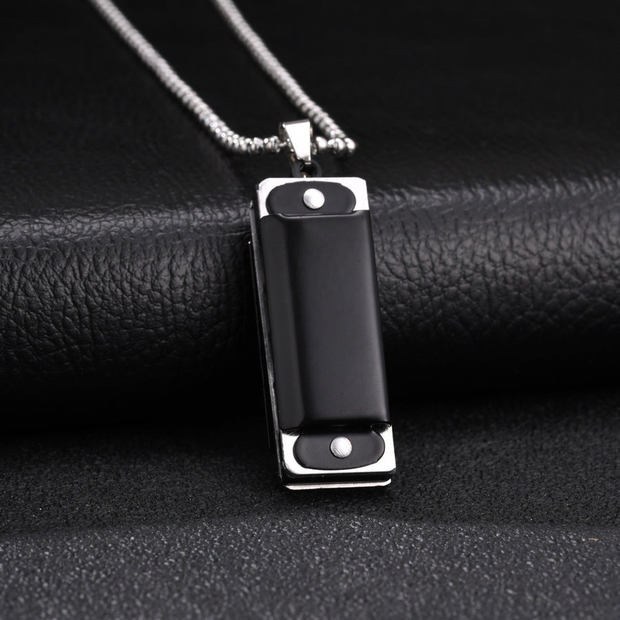Black Rectangular Pendant Necklace for Men Alloy Silver Frame Stainless Steel Chain NC-3024