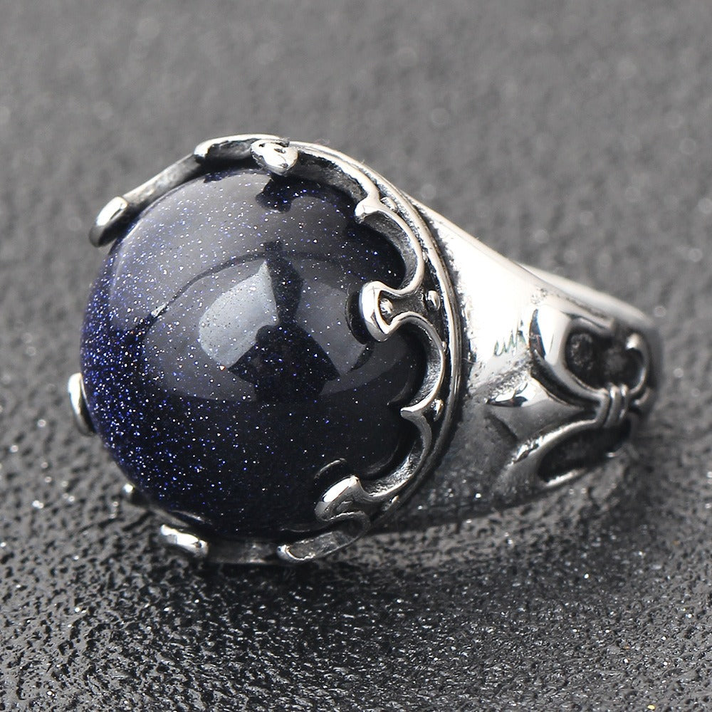 Men’s Blue Sandstone Ring – Stainless Steel Vintage Claw Statement Band CG1124