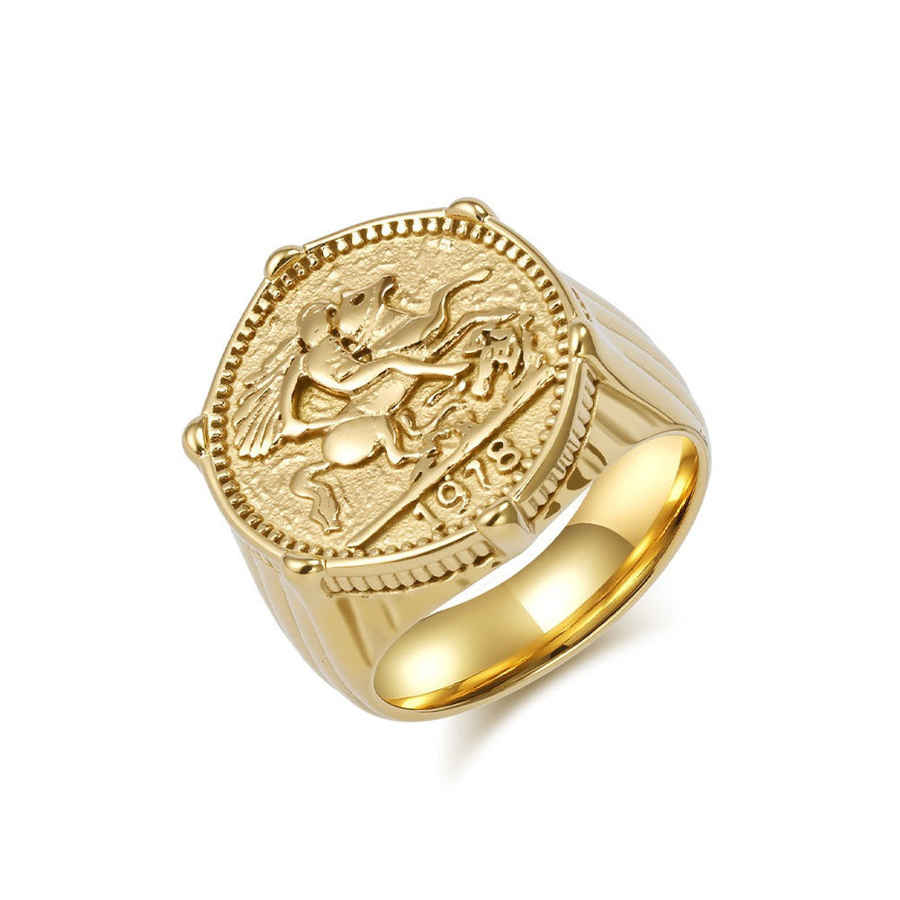 Figure Relief Signet Ring for Men Stainless Steel Vintage Engraved K-R996