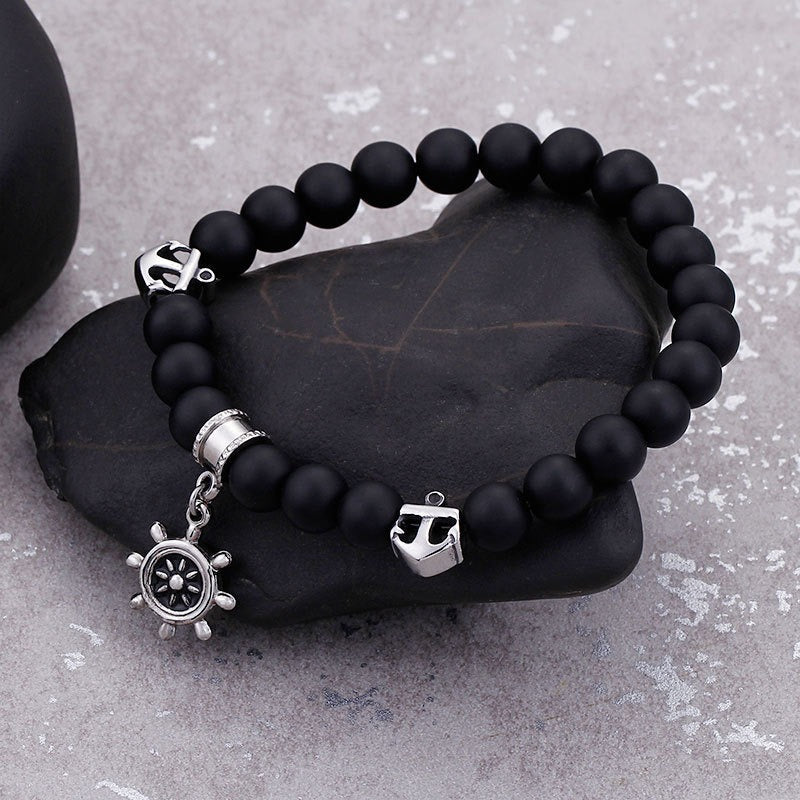 Stainless Steel Ship Wheel Beaded Bracelet for Men, 8mm Matte Black Agate Nautical Helm Charm KB92957-BD