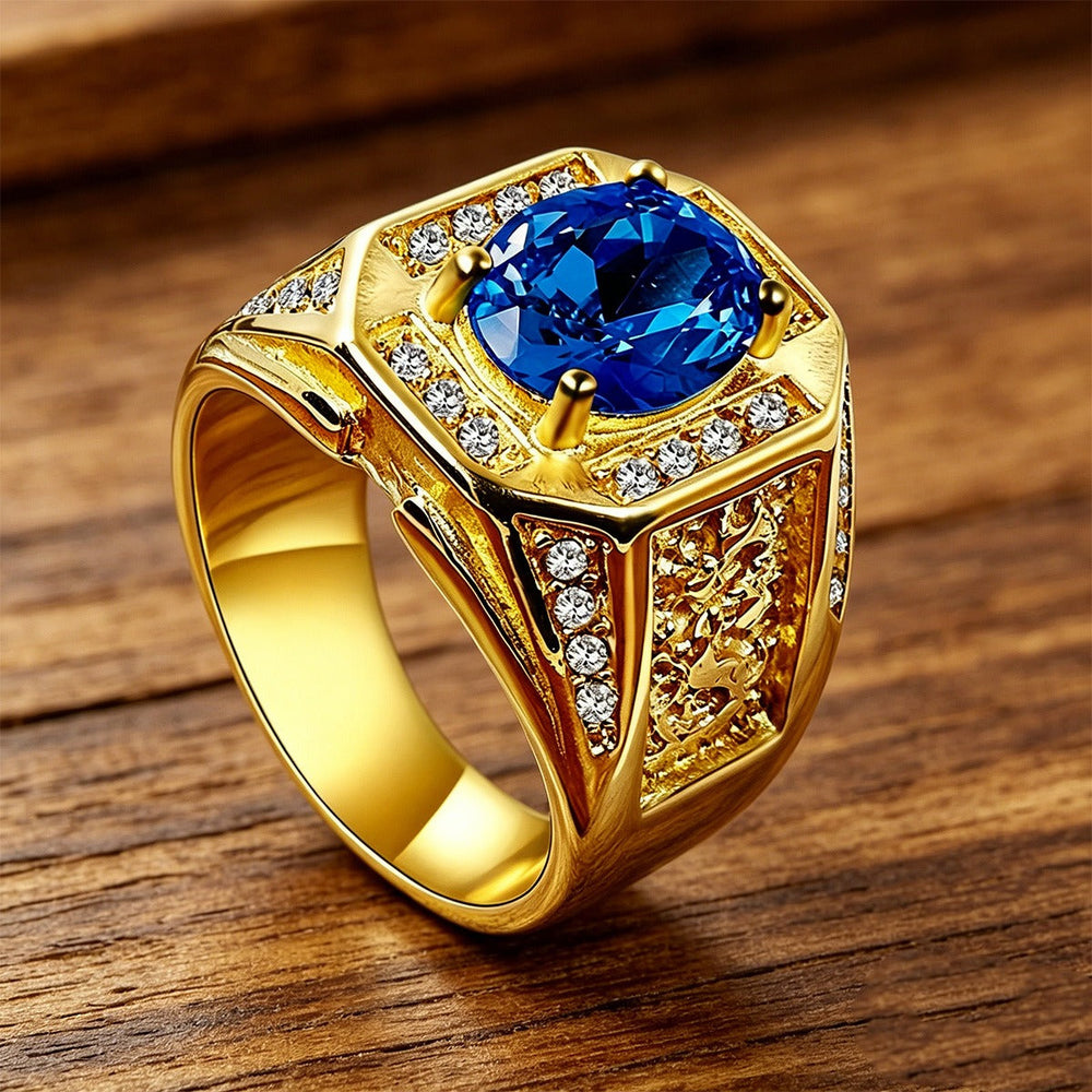 Colorful Cubic Zirconia Signet Ring for Men Stainless Steel Sculpted Detail MJ0858