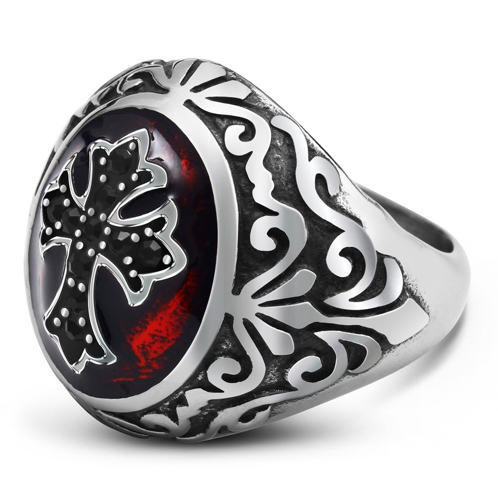 Cross Signet Ring for Men Stainless Steel Red Accent Gothic Vintage TR0074