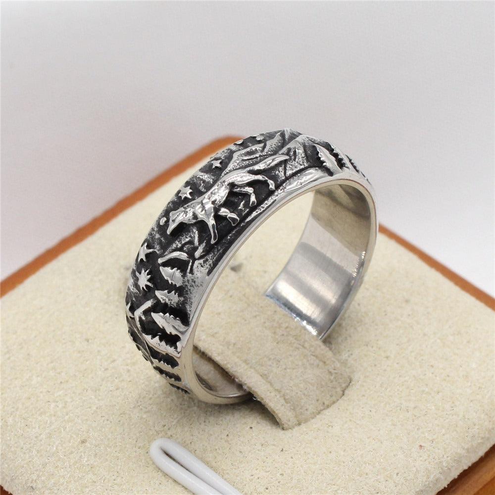 Engraved Wolf Ring for Men Titanium Steel Mountain Forest R1679