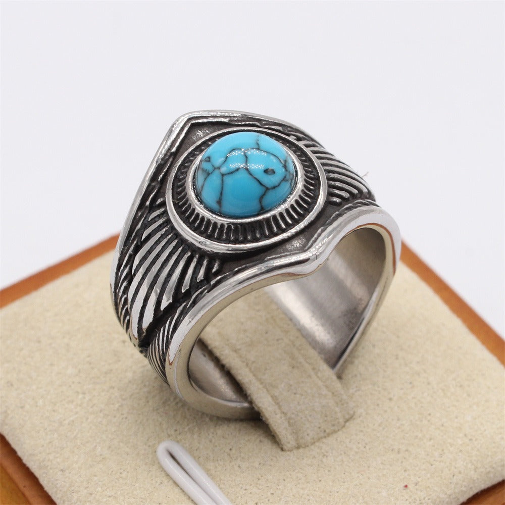 Turquoise Ring for Men Titanium Steel Feather Texture Vintage Stone R1530