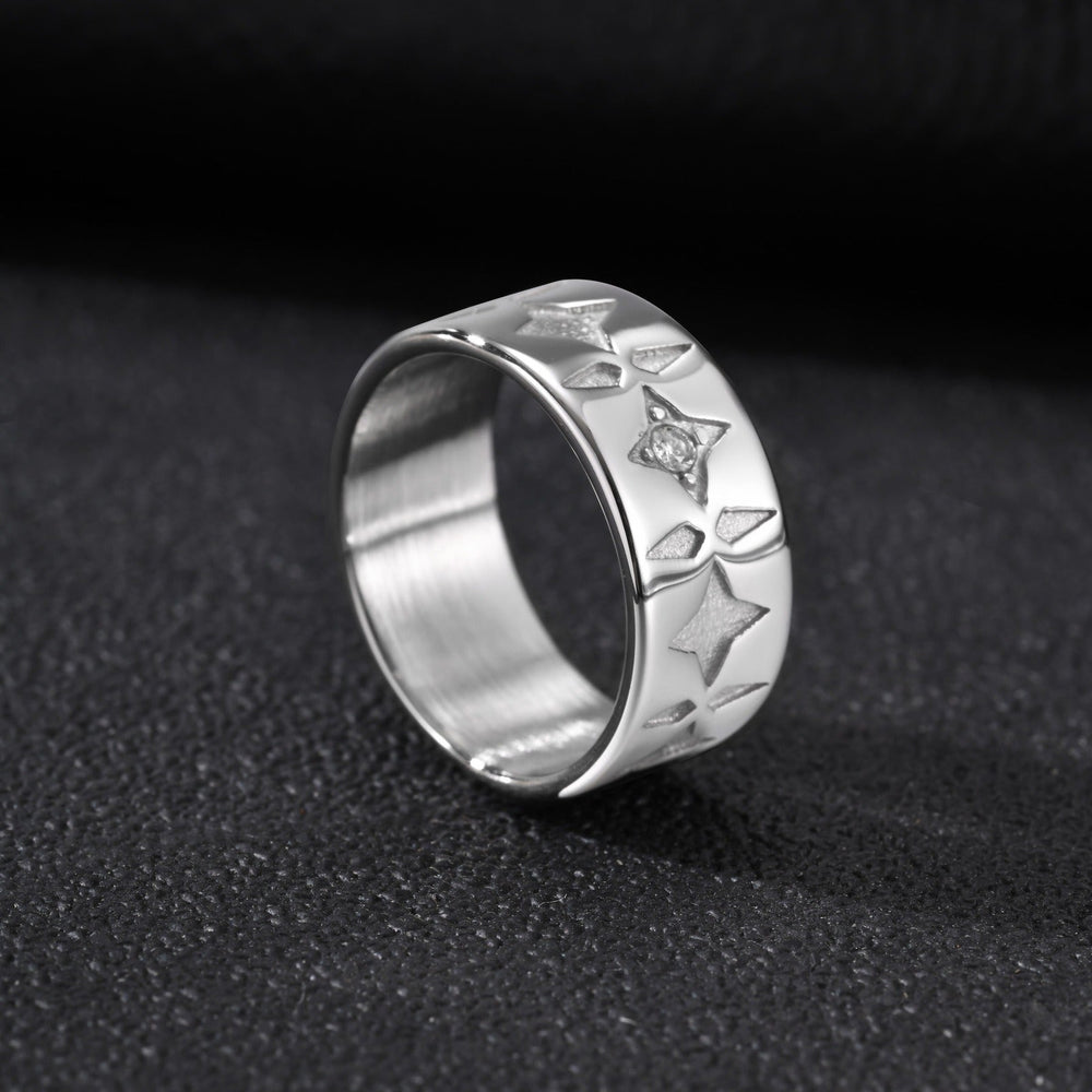 Four Point Star Ring for Men Stainless Steel White Cubic Zirconia Wide Band RC-1117