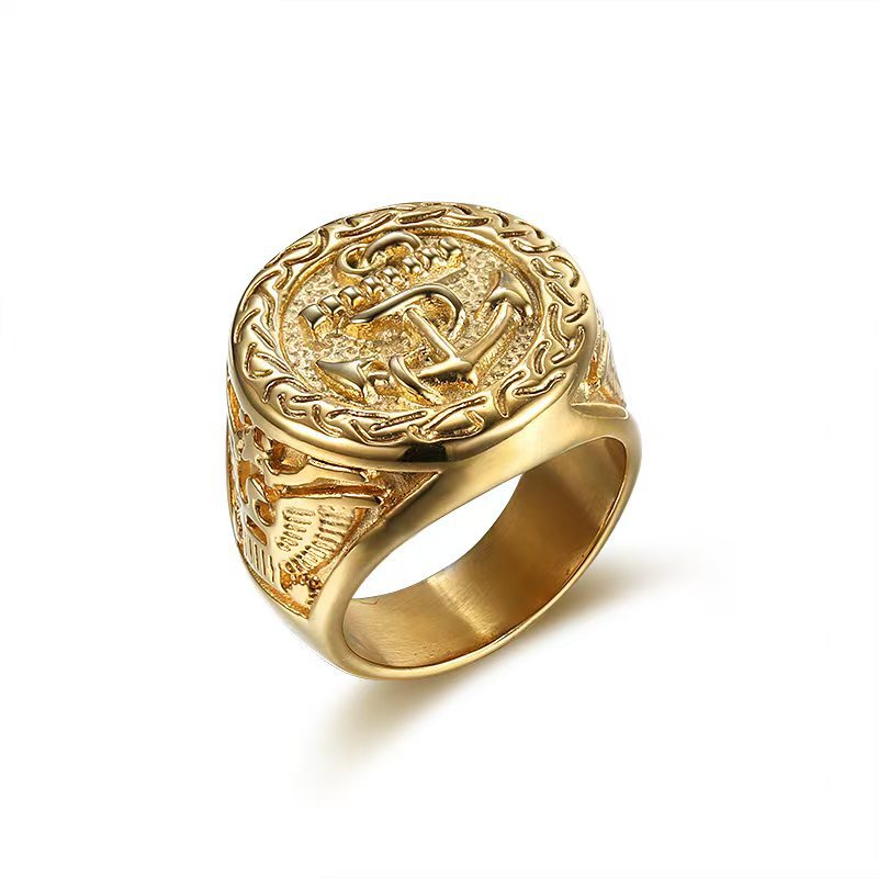 Anchor Signet Ring for Men Stainless Steel Gold Plated Vintage Nautical TR0469