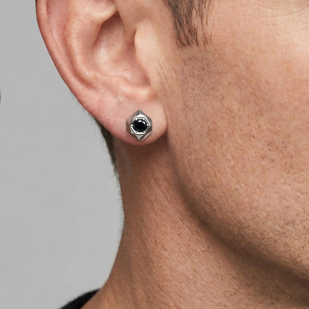 Black Cubic Zirconia Hexagon Stud Earrings for Men Stainless Steel Minimal Geometric ES-796