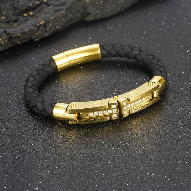 T-Bar Braided Leather Bracelet for Men Titanium Steel Stone Accent Gold Silver KB163596-KFC