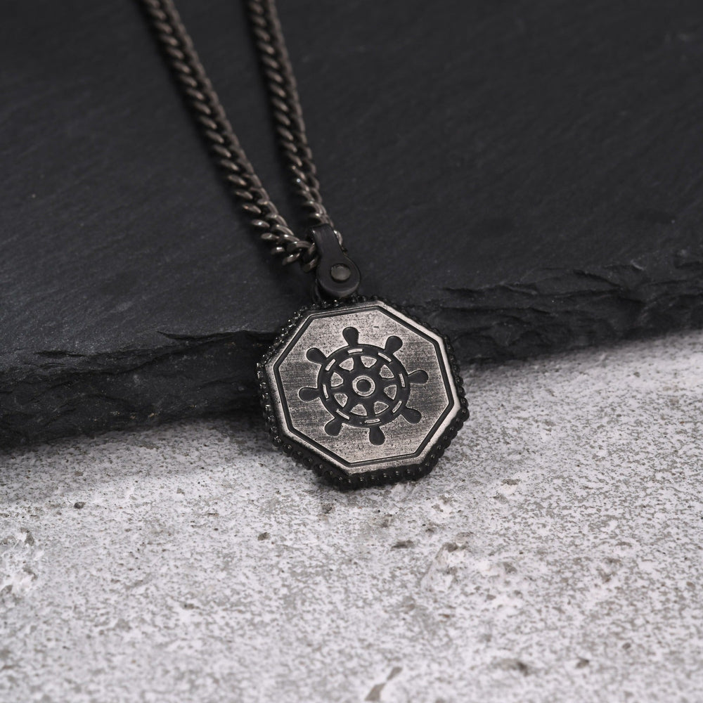 Octagon Ship Wheel Pendant Necklace for Men Stainless Steel Vintage Silver PN-2398