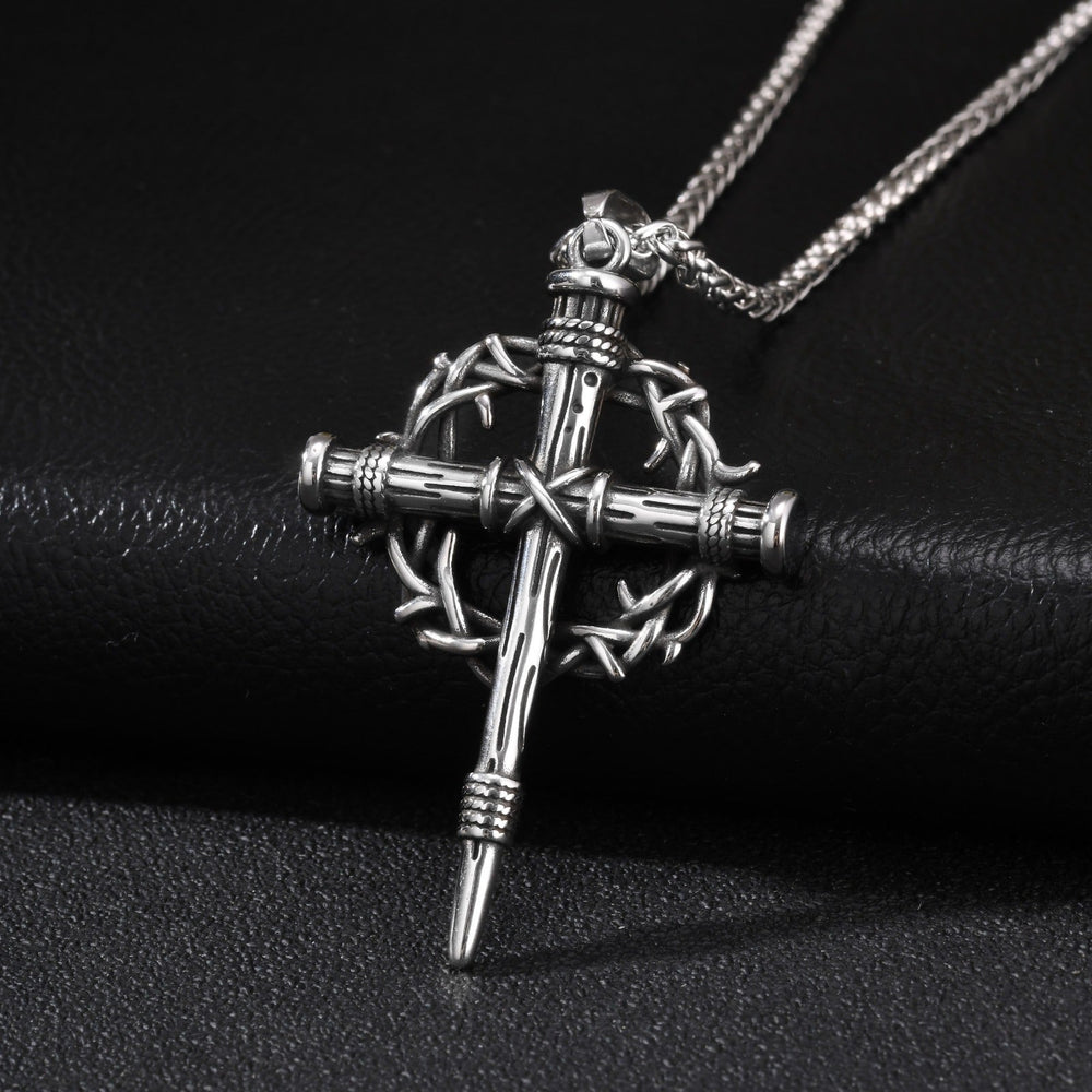Thorn-Wrapped Gothic Cross Necklace for Men Stainless Steel Vintage Silver PN-2463S