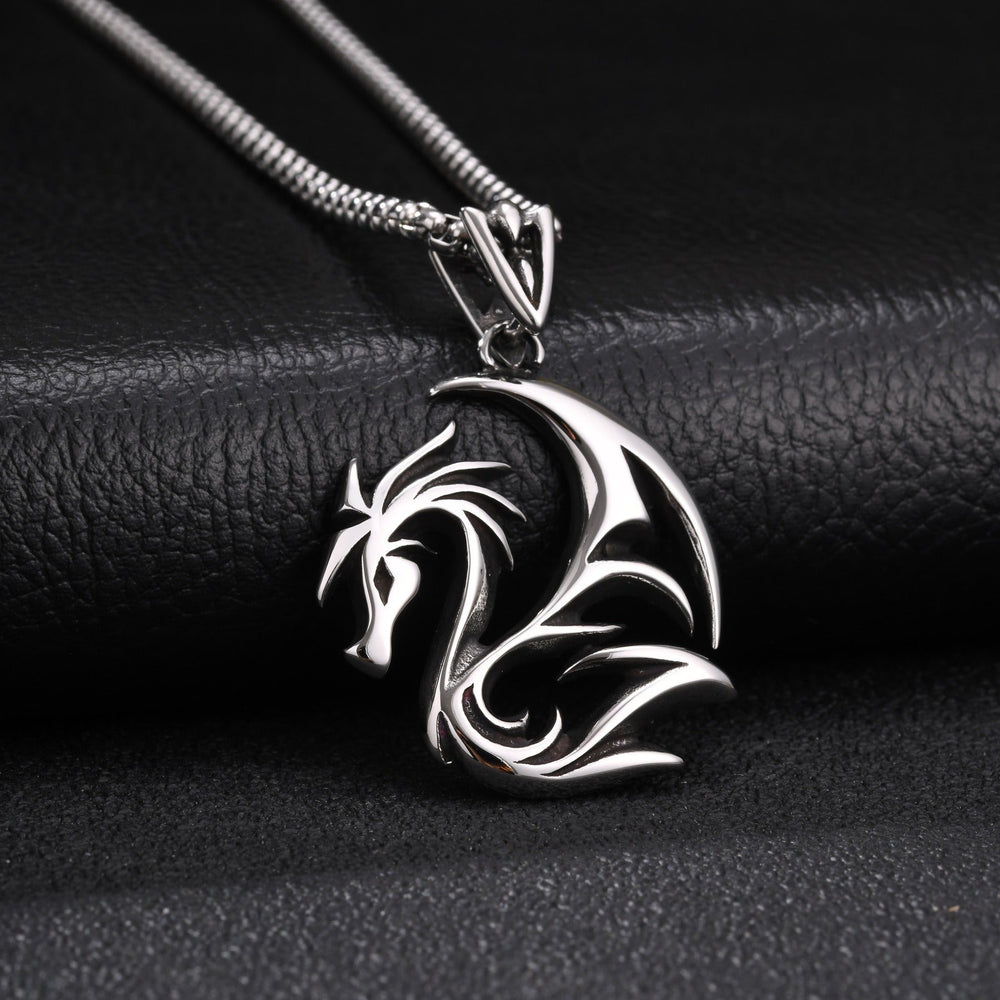 Winged Dragon Pendant Necklace for Men Stainless Steel Gothic Vintage Silver PN-2419