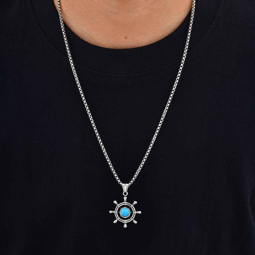 Men’s Turquoise Pendant Necklace – Stainless Steel Ship Wheel Pendant PN-2234
