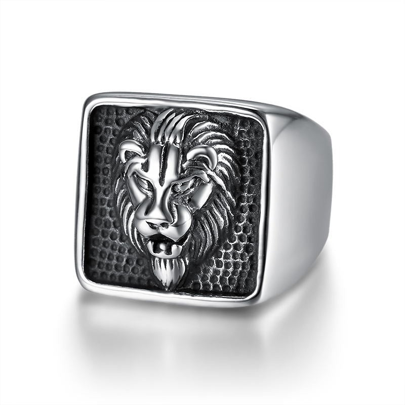Lion Head Signet Ring for Men Stainless Steel Square Relief Vintage TR0418