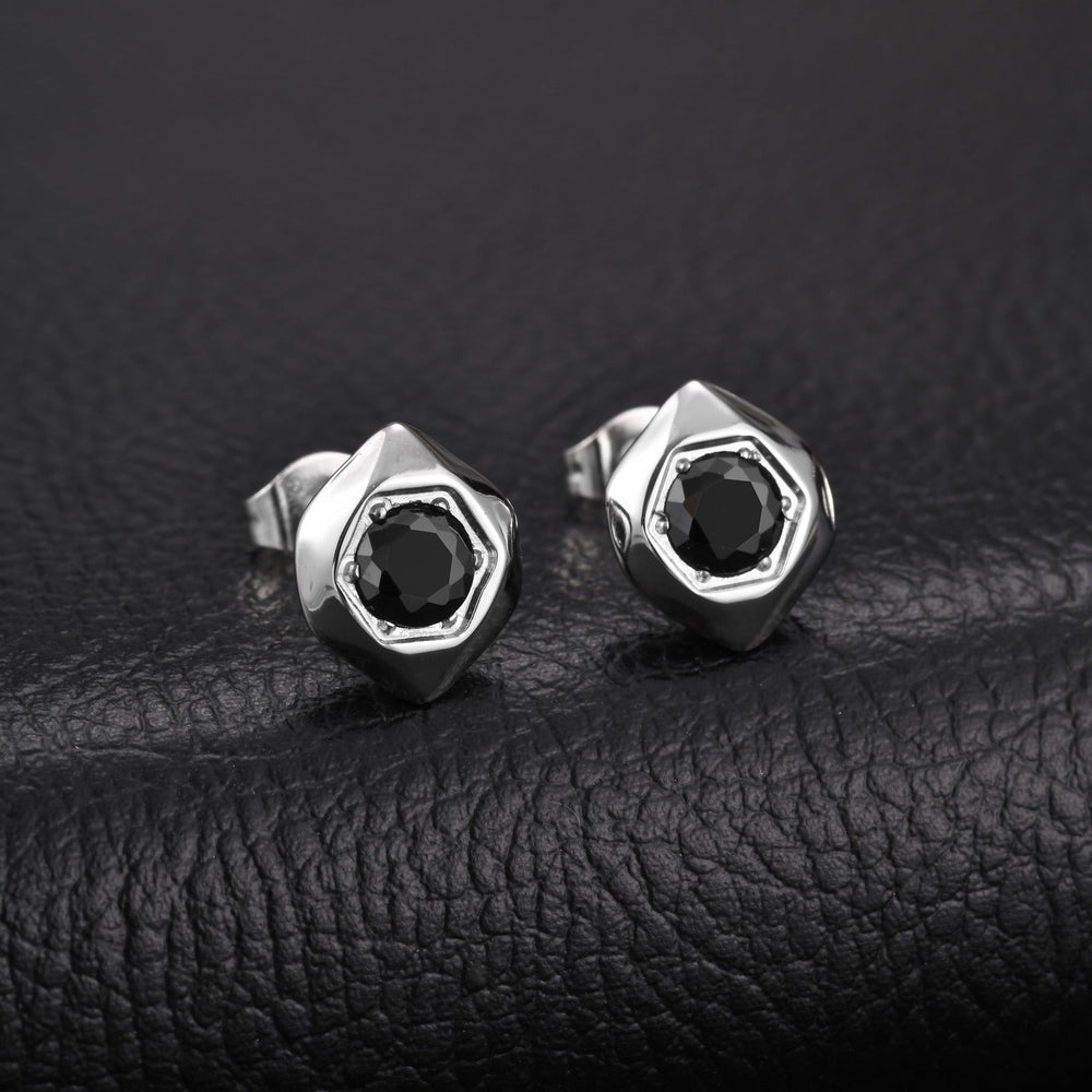 Black Cubic Zirconia Hexagon Stud Earrings for Men Stainless Steel Minimal Geometric ES-796