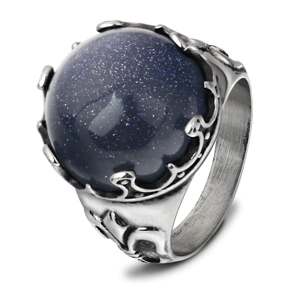 Men’s Blue Sandstone Ring – Stainless Steel Vintage Claw Statement Band CG1124