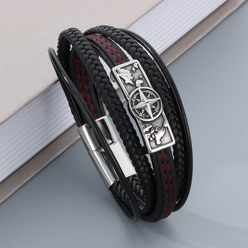 Men’s Compass Bracelet – Stainless Steel Braided Leather Jewelry KB179994