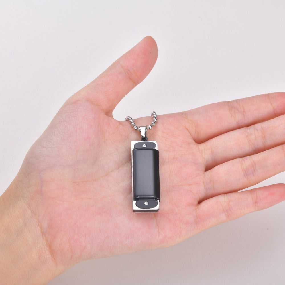 Black Rectangular Pendant Necklace for Men Alloy Silver Frame Stainless Steel Chain NC-3024