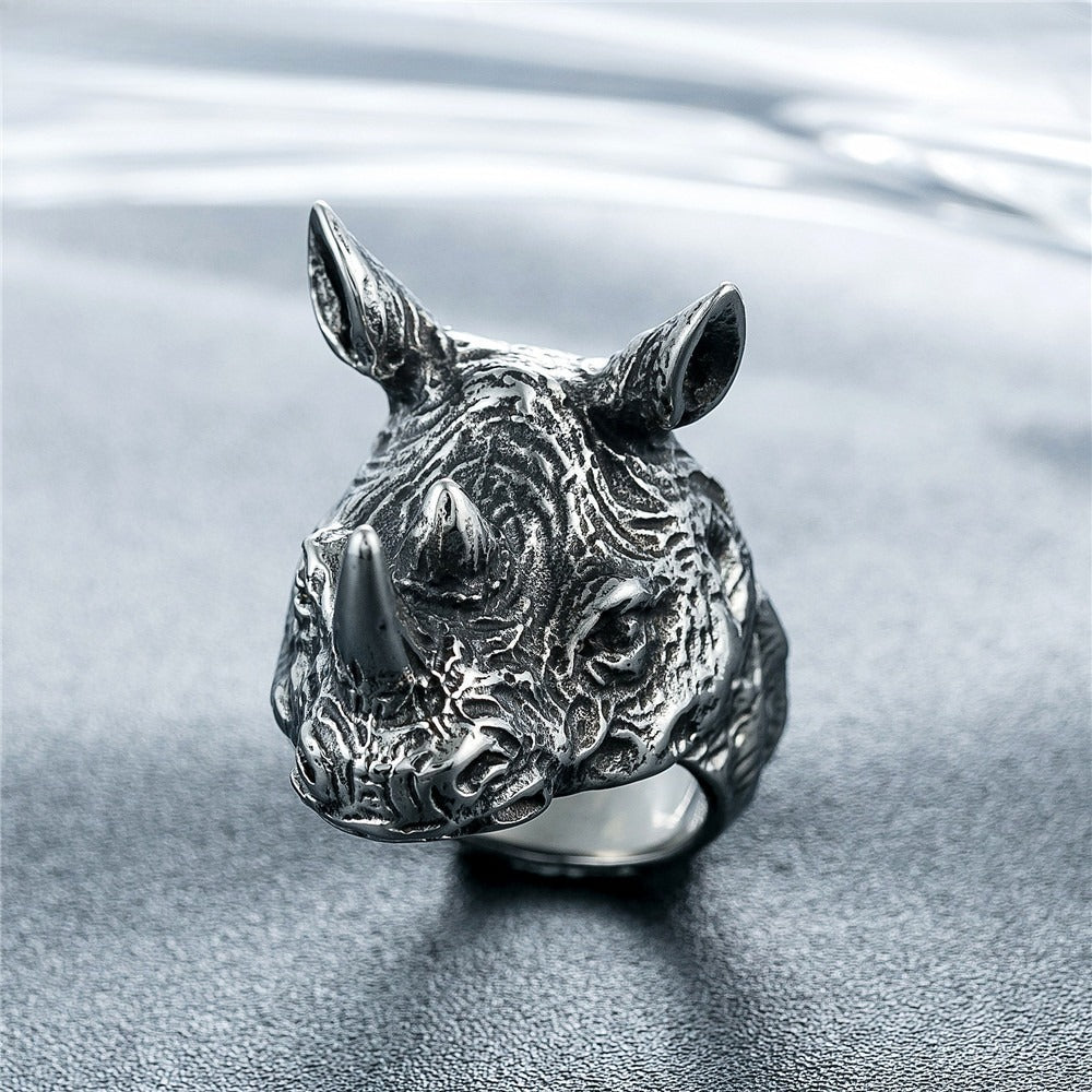 Titanium Steel Rhino Head Ring for Men Vintage Animal R0340-NK01