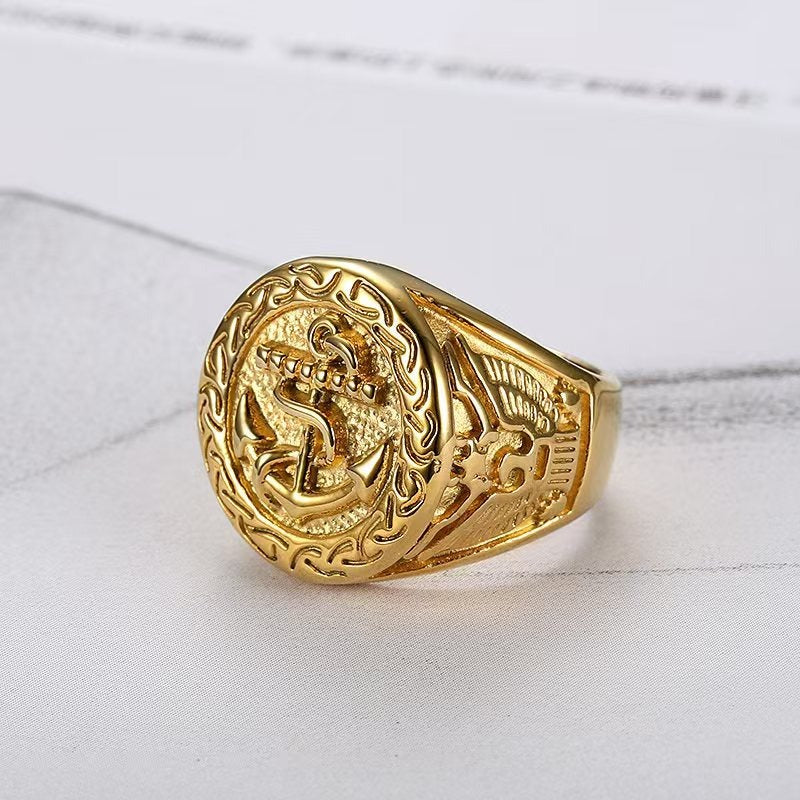 Anchor Signet Ring for Men Stainless Steel Gold Plated Vintage Nautical TR0469