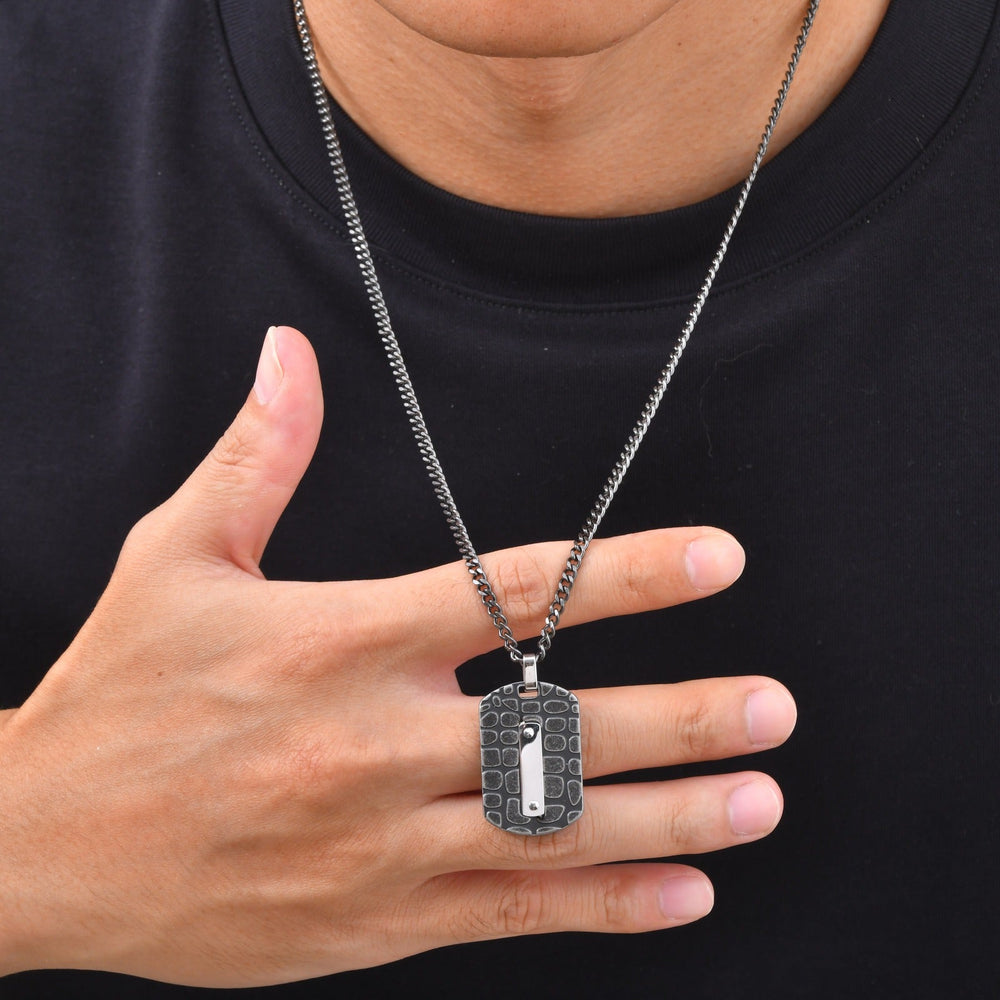 Textured Rectangular Pendant Necklace for Men Stainless Steel Polished Bar PN-2396GR