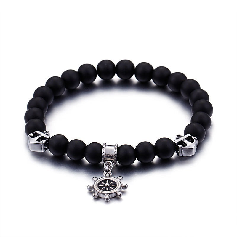 Stainless Steel Ship Wheel Beaded Bracelet for Men, 8mm Matte Black Agate Nautical Helm Charm KB92957-BD