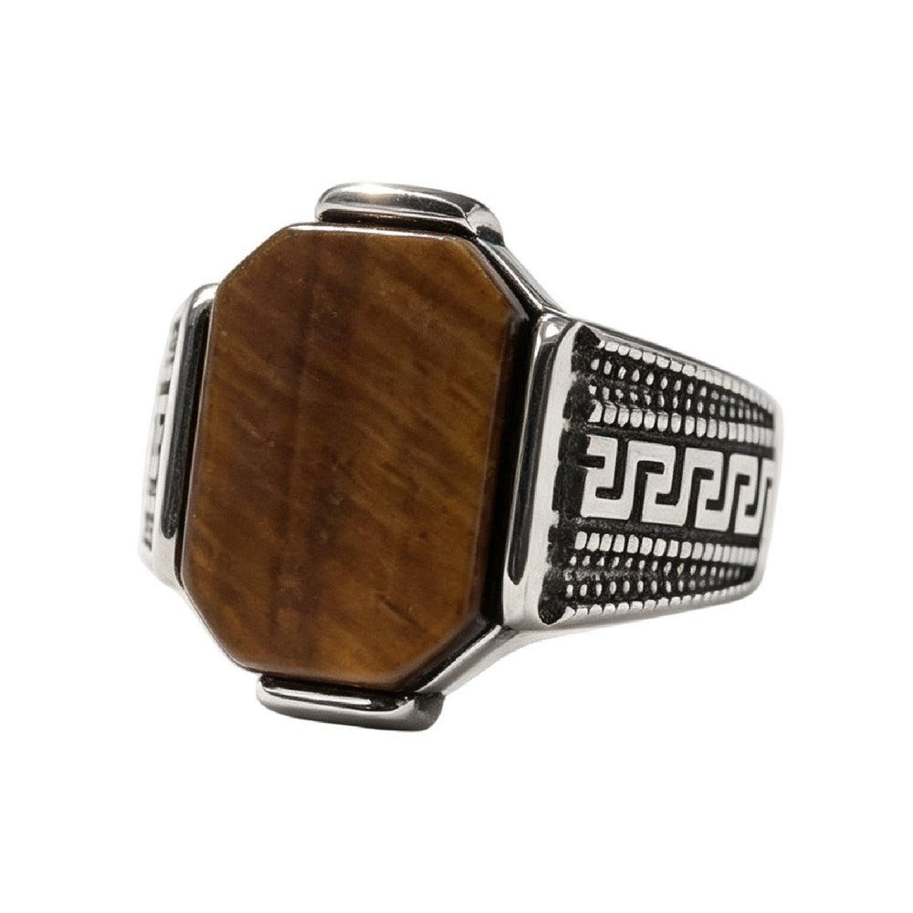 Square Tiger Eye Signet Ring for Men Titanium Steel Vintage Texture R7012