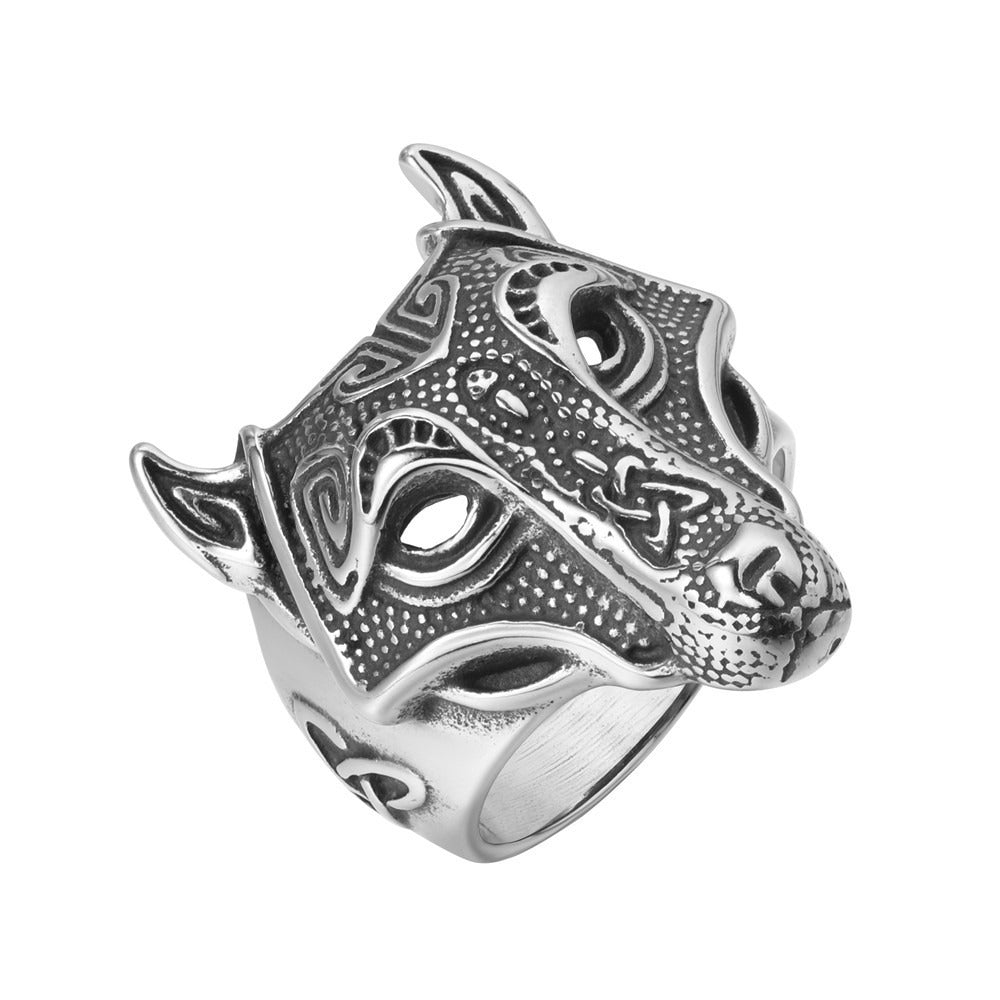 Titanium Steel Wolf Head Ring for Men Sculpted Texture Vintage R1637