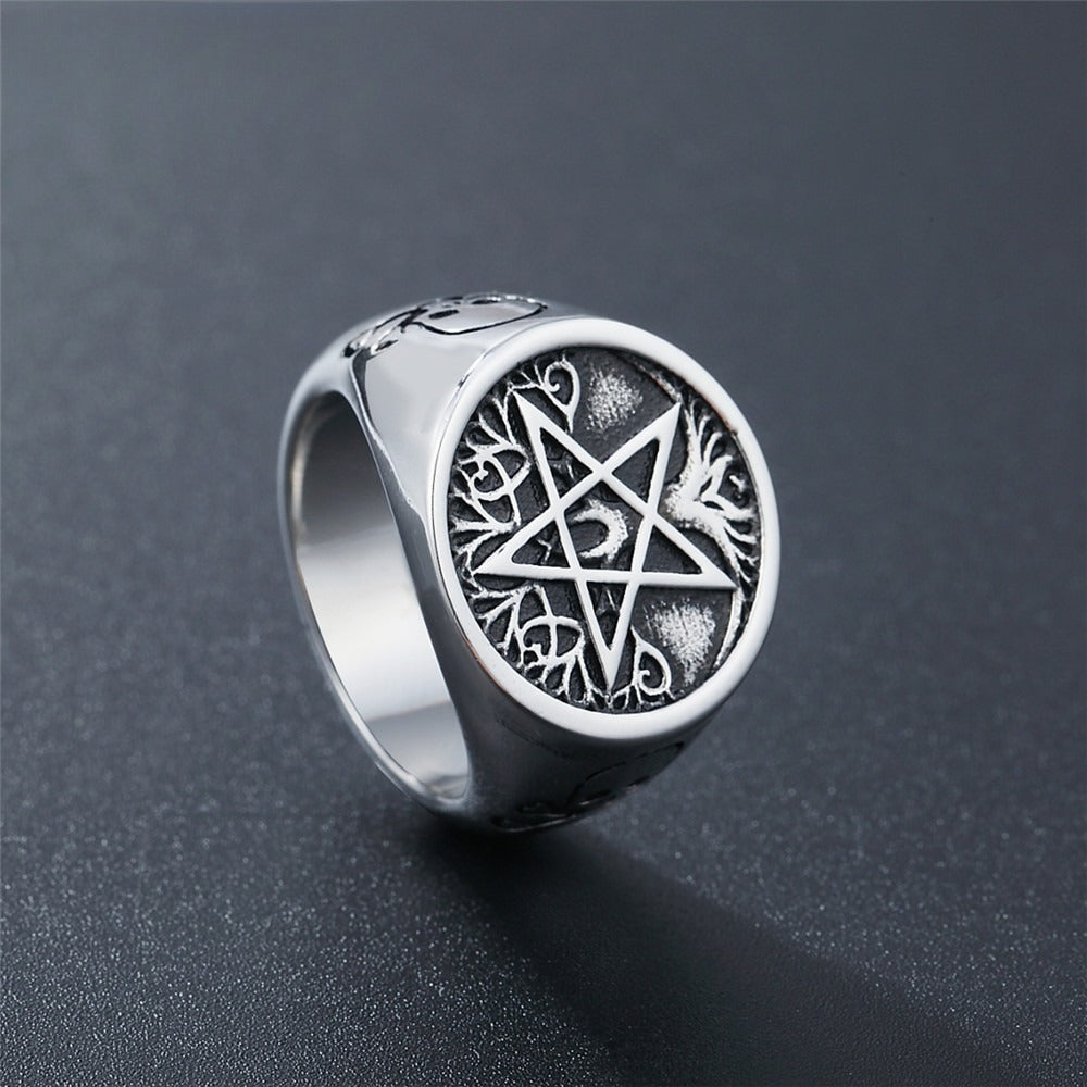 Star Signet Ring for Men Titanium Steel Tree of Life Pattern Gothic Vintage R0484