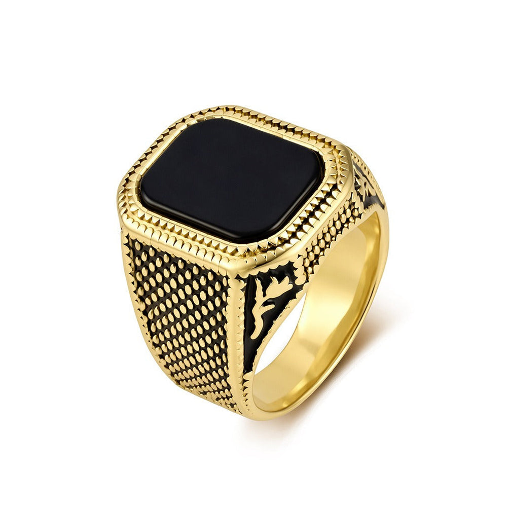 Black Stone Signet Ring for Men Stainless Steel Textured Wide Band Vintage K-R1210