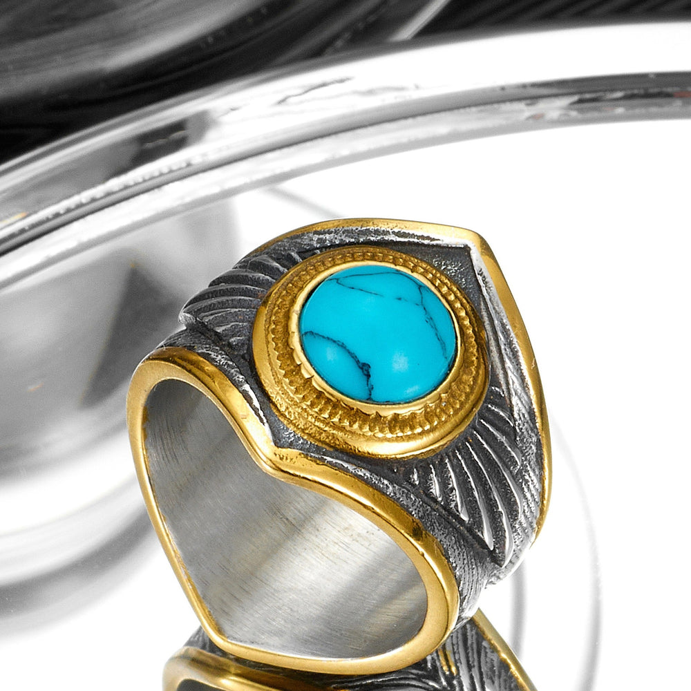 Turquoise Ring for Men Titanium Steel Feather Texture Vintage Stone R1530