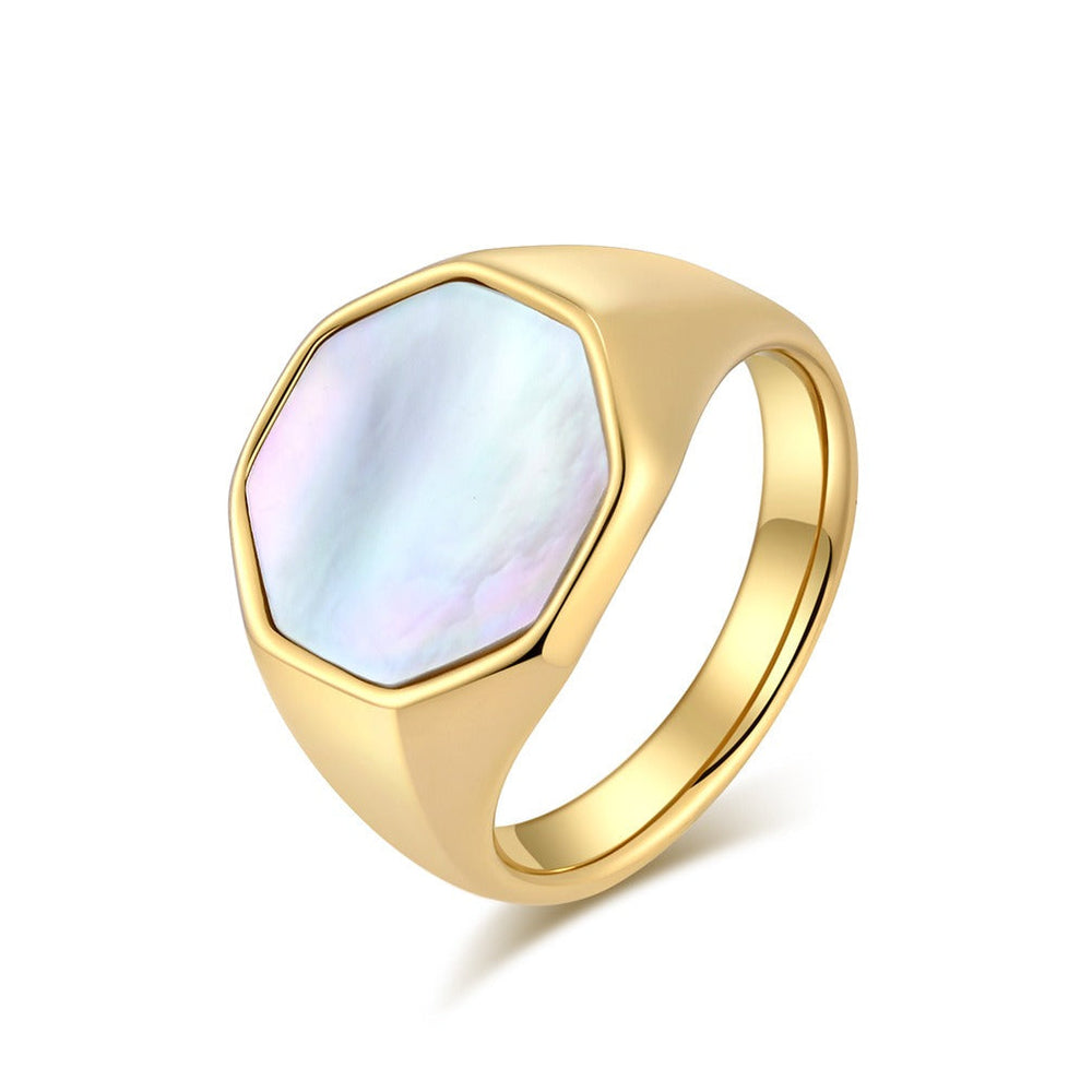 Shell Inlay Ring for Men & Women Stainless Steel Hexagon Design K-R793