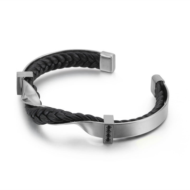 Men’s Open Cuff Leather Bracelet – Braided Leather & Stainless Steel with Black Zircon | KB117781-KFC