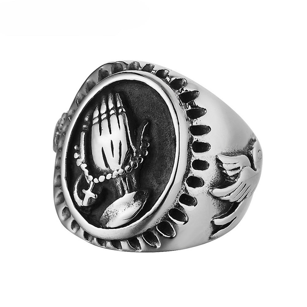 Praying Hands Ring for Men Titanium Steel Dove Relief Vintage Oval R0297