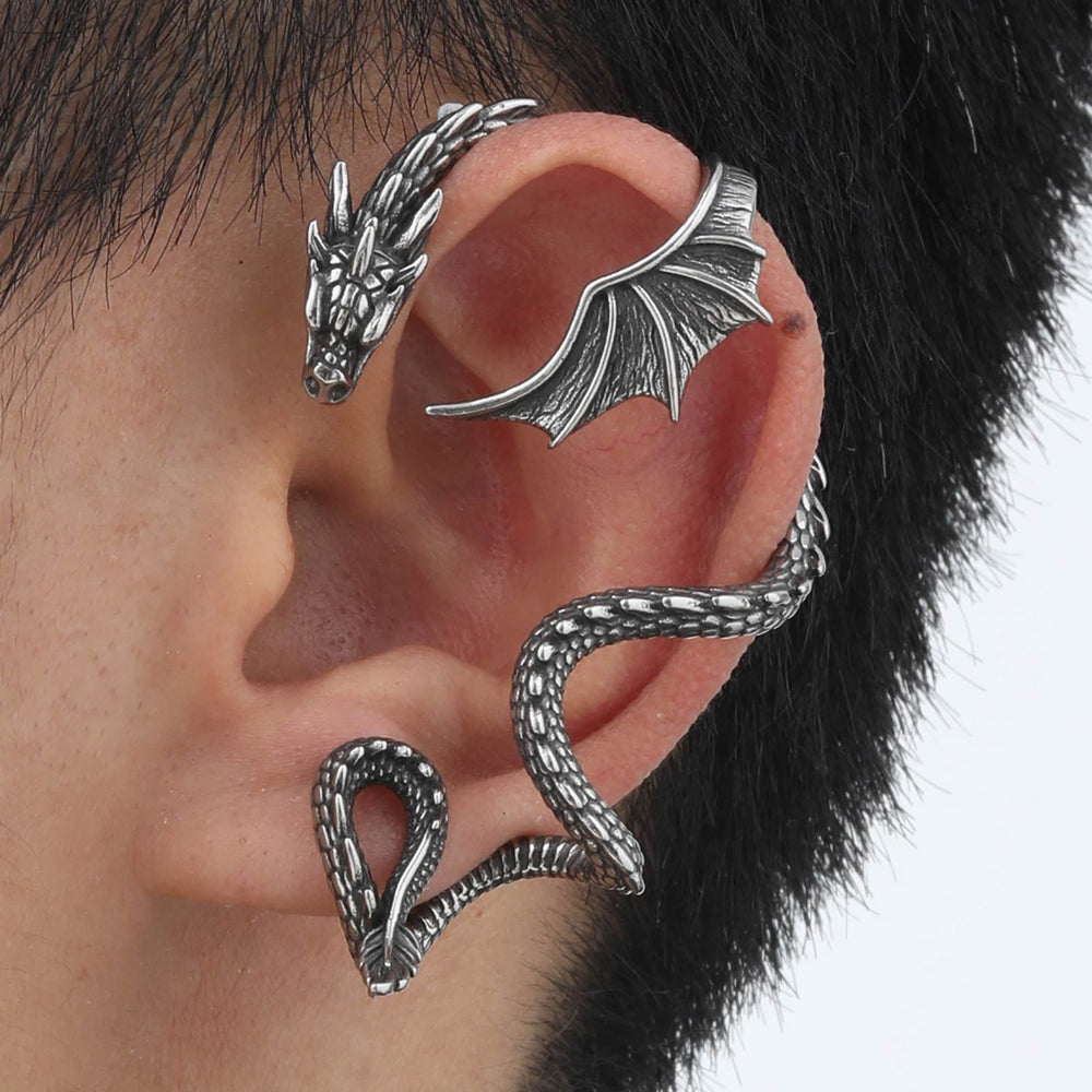 Gothic Dragon Ear Cuff – Clip-On No Piercing Earring, Viking Snake Wrap Design for Men ED-786