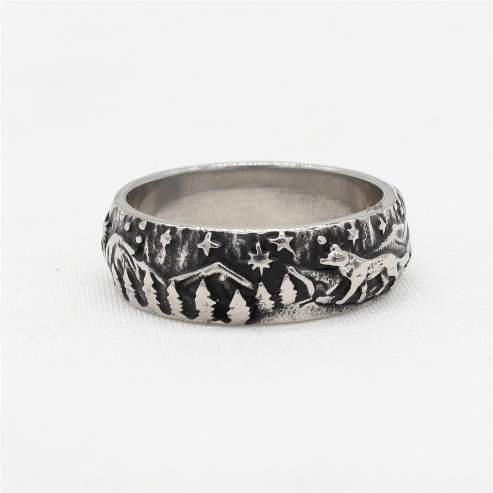 Engraved Wolf Ring for Men Titanium Steel Mountain Forest R1679