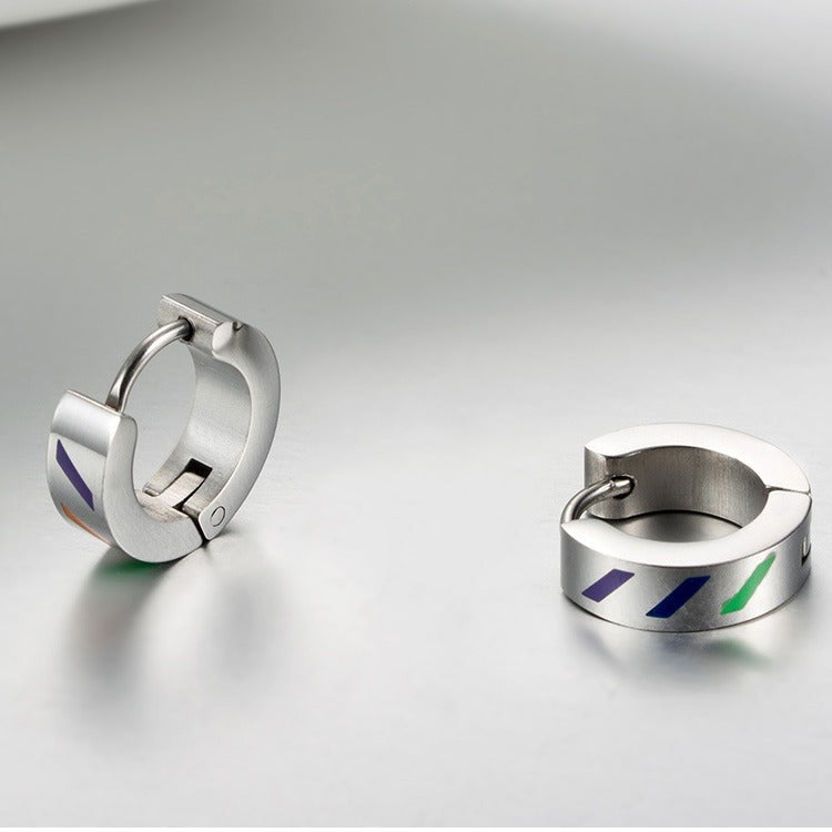 Color Stripe Hoop Earrings for Men Stainless Steel Silver K-E011